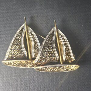 Vintage Damacene Spain Sailboat Duo Brooch
